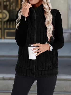 Trend Awise Kadın Kolsuz Önden Fermuarlı Cepli Peluş Ceket