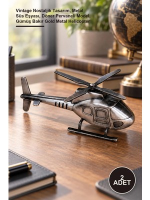 Yenilig 2 Adet Dekoratif Metal Helikopter – Vintage Nostaljik Tasarım, Metal Süs Eşyası, Döner Pervaneli Model, Gümüş Bakır Gold Metal Helicopter
