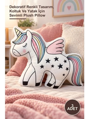 Yenilig 3 Adet Unicorn Tasarım Peluş Yastık – Dekoratif Renkli Tasarım, Koltuk ve Yatak Için Sevimli Plush Pillow