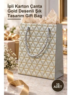Yenilig 10 Adet Küçük Boy Gri Karton Hediye Çantası – Ipli Karton Çanta Gold Desenli Şık Tasarım Gift Bag