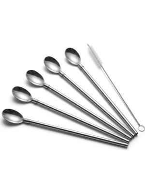 Defne Store 5 Parça Karıştırıcı Kaşıklı Paslanmaz Çelik Pipet Seti; 4 Adet Kaşıklı Metal Pipet ve Temizleme Fırçası, Soğuk Kahve, Smoothie, Milkshake, Limonata, Kokteyl ve Içecek Sunumu Için