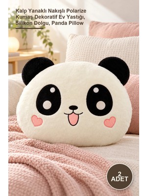 Yenilig 2 Adet Panda Yastık – Kalp Yanaklı Nakışlı Polarize Kumaş Dekoratif Ev Yastığı, Silikon Dolgu, Panda Pillow