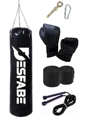 Defne Store Askı, Boxing Star 70X25 cm Zincirli Boks Kum Torbası Siyah+ Aparatı+Boks Eldiveni+El Sargı Bandajı+Atlama Ipi