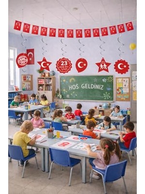 Defne Store 50'li Ipli Ay Yıldızlı Bayrak ve 6'lı Sarkıt 23 Nisan Süsleme Seti