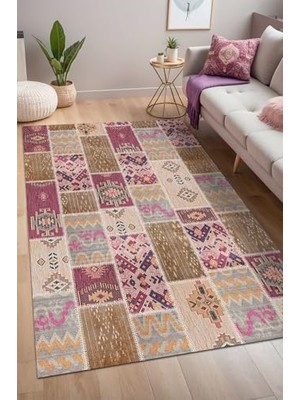 Defne Store Elara Patchwork Şönil Kaymayı Önleyici Doğal Pamuk Tabanlı Yıkanabilir Antibakteriyel Çevre Dostu Salon Halısı 140X200