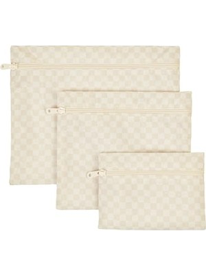 Defne Store 3'lü Su Geçirmez Pvc Astarlı Bej Dama Desen Islak Kuru Çantası 20 x 13/24 x 20/30 x 24 cm