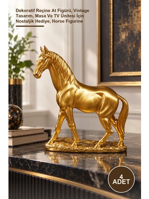 Yenilig 4 Adet Gold Renk At Biblosu – Dekoratif Reçine At Figürü, Vintage Tasarım, Masa ve Tv Ünitesi Için Nostaljik Hediye, Horse Figurine
