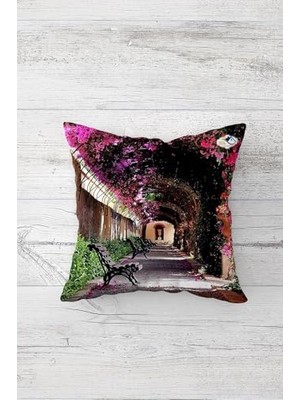 Defne Store Çiçekli Yol Desenli Çift Taraflı Baskılı Gizli Fermuarlı Yastık Kılıfı, Yeşil-Mor 45 x 45