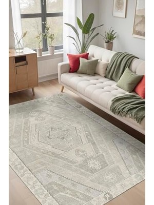 Defne Store Saphir Vintage Desenli Şönil Pamuk Tabanlı Yıkanabilir Kaymaz Antibakteriyel Salon Halısı, 80X200