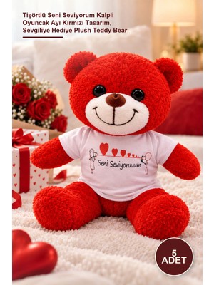 Yenilig 5 Adet Peluş Ayıcık – Tişörtlü Seni Seviyorum Kalpli Oyuncak Ayı Kırmızı Tasarım, Sevgiliye Hediye Plush Teddy Bear