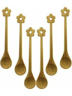 Defne Store Mini Çiçek Desenli Bambu Ahşap Kaşık Seti, 14.5 Cm, 6 Adet