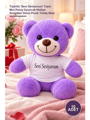Yenilig 10 Adet Peluş Ayıcık – Tişörtlü 'seni Seviyorum' Yazılı Mor Peluş Oyuncak Hediye Sevgililer Günü Plush Teddy Bear