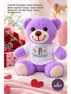 Yenilig 2 Adet Peluş Ayıcık – Tişörtlü Sevgililer Günü Hediyesi, Mutlu Aşıklar Temalı, Gelin Damat Tasarımlı, 25 Cm, Plush Teddy