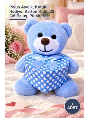 Yenilig 3 Adet Kalp Kutulu Mavi Ayıcık – Peluş Ayıcık, Kutulu Hediye, Karton Kutu, 25 cm Peluş, Plush Bear
