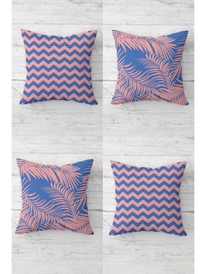 Defne Store Pembe-Mavi Zigzag ve Tropikal Yaprak Desenli Kırlent Kılıfı Takımı, 4 Adet, Gizli Fermuarlı, 45 x 45
