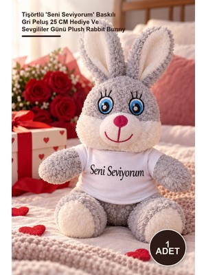 Yenilig 1 Adet Sevimli Peluş Tavşan – Tişörtlü 'seni Seviyorum' Baskılı Gri Peluş 25 cm Hediye ve Sevgililer Günü Plush Rabbit Bunny