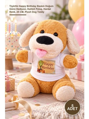 Yenilig 5 Adet Peluş Oyuncak Köpek – Tişörtlü Happy Birthday Baskılı Doğum Günü Hediyesi, Kaliteli Peluş, Hardal Renk, 25 Cm, Plush Dog Teddy