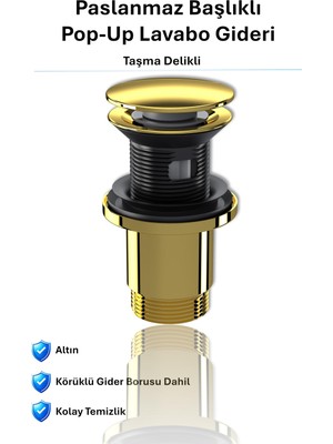 Bg Felix Paslanmaz Pop-Up Lavabo Gideri | Taşma Delikli Altın | Üniversal Sızdırmaz Somunlu