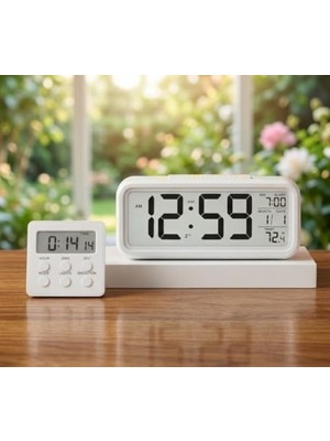 Defne Store Saat, Mr LED Ekranlı Dijital Masa Saati & 2 Alarm Kademeli Kronometre Seti – Alarm, Tarih, Sıcaklık Göstergeli Modern Masa Seti (Beyaz Kronometre)