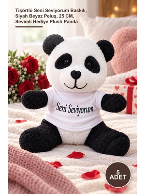 Yenilig 5 Adet Peluş Panda – Tişörtlü Seni Seviyorum Baskılı, Siyah Beyaz Peluş, 25 Cm, Sevimli Hediye Plush Panda
