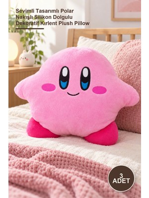 Yenilig 3 Adet Kirby Peluş Yastık – Sevimli Tasarımlı Polar Nakışlı Silikon Dolgulu Dekoratif Kırlent Plush Pillow