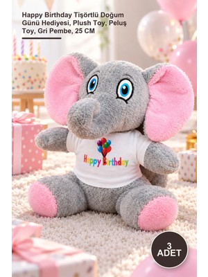 Yenilig 3 Adet Peluş Oyuncak Fil – Happy Birthday Tişörtlü Doğum Günü Hediyesi, Plush Toy, Peluş Toy, Gri Pembe, 25 cm