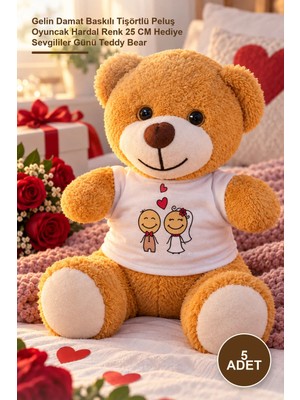 Yenilig 5 Adet Peluş Ayıcık – Gelin Damat Baskılı Tişörtlü Peluş Oyuncak Hardal Renk 25 cm Hediye Sevgililer Günü Teddy Bear