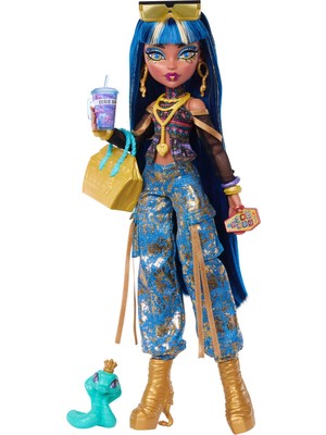 Bg Kısa Bluz ve Altın Rengi Detaylı Kot Kargo Pantolon Giyen Monster High Cleo De Nile Bebek, Evcil Yılanı Hissette ve Salata, Smoothie ve Çanta Gibi 7 Aksesuar, JHK32