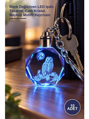 Yenilig 10 Adet Baykuş Tasarımlı Işıklı Kristal Anahtarlık – Renk Değiştiren LED Işıklı Tasarım, Cam Kristal, Baykuş Motifli Keychain