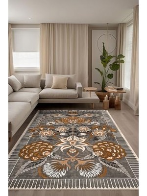 Defne Store Moza Çiçekli Şönil Kaymayı Önleyici Doğal Pamuk Tabanlı Yıkanabilir Antibakteriyel Çevre Dostu Salon Halısı 120X180