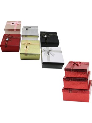 Store 3pcs Kare Parlak Mix Renkli - Kabartma Desen Karton Hediye Kutusu Kurdelalı 19-17-15CM