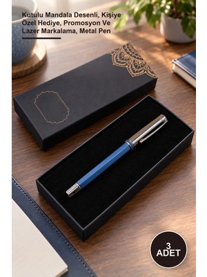 Yenilig 3 Adet Lacivert Metal Roller Kalem – Kutulu Mandala Desenli, Kişiye Özel Hediye, Promosyon ve Lazer Markalama, Metal Pen