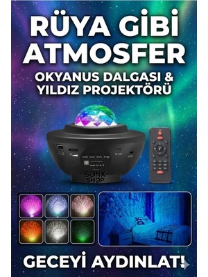 Store Galaksi Yıldız Projektörü ve Bluetooth Hoparlör 10 Renk Modlu Okyanus Dalgalı Gece & Disko Lambası