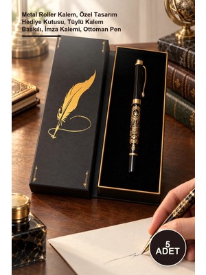 Yenilig 5 Adet Osmanlı Kalem Kutulu – Metal Roller Kalem, Özel Tasarım Hediye Kutusu, Tüylü Kalem Baskılı, Imza Kalemi, Ottoman Pen