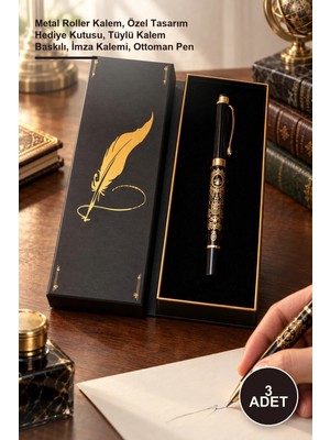 Yenilig 3 Adet Osmanlı Kalem Kutulu – Metal Roller Kalem, Özel Tasarım Hediye Kutusu, Tüylü Kalem Baskılı, Imza Kalemi, Ottoman Pen