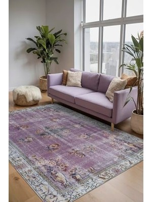 Defne Store Lavans Vintage Desenli Şönil Pamuk Tabanlı Yıkanabilir Kaymayı Önleyici Antibakteriyel Salon Halısı 160X230