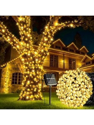 Defne Store Güneş Enerjili LED Işık Zinciri 12 Metre 100 LED Gün Işığı, IP65 Su Geçirmez, 8 Aydınlatma Modlu