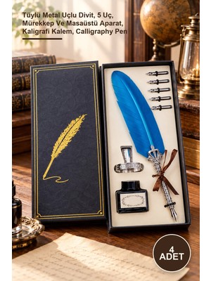 Yenilig 4 Adet Mürekkepli Divit Hokka Kalem Seti – Tüylü Metal Uçlu Divit, 5 Uç, Mürekkep ve Masaüstü Aparat, Kaligrafi Kalem, Calligraphy Pen