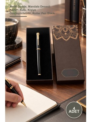 Yenilig 4 Adet Siyah Roller Kalem – Metal Gövde, Mandala Desenli Karton Kutu, Kişiye Özelleştirilebilir, Roller Pen Black