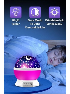 Store Ay ve Yıldızlı Gökyüzü Yansıtmalı Dönen Projeksiyon Gece Lambası- Çocuk Bebek Odası Pembe