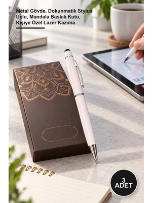 Yenilig 3 Adet Beyaz Touchpen Tükenmez Kalem – Metal Gövde, Dokunmatik Stylus Uçlu, Mandala Baskılı Kutu, Kişiye Özel Lazer Kazıma