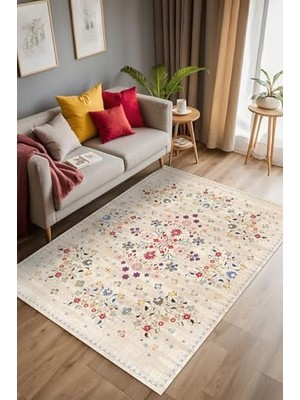 Defne Store Sonan Çiçekli Şönil Kaymayı Önleyici Doğal Pamuk Tabanlı Yıkanabilir Antibakteriyel Çevre Dostu Salon Halısı 200X300