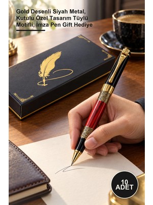 Yenilig 10 Adet Metal Roller Kalem – Gold Desenli Siyah Metal, Kutulu Özel Tasarım Tüylü Motifli, Imza Pen Gift Hediye