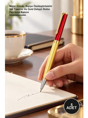 Yenilig 5 Adet Kırmızı Metal Roller Kalem – Metal Gövde, Kişiye Özelleştirilebilir Şık Tasarım ve Gold Detaylı Roller Pen Imza Kalemi
