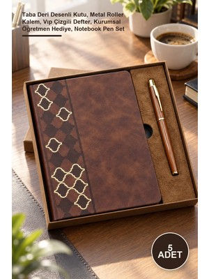 Yenilig 5 Adet Defter ve Kalem Seti – Taba Deri Desenli Kutu, Metal Roller Kalem, Vıp Çizgili Defter, Kurumsal Öğretmen Hediye, Notebook Pen Set