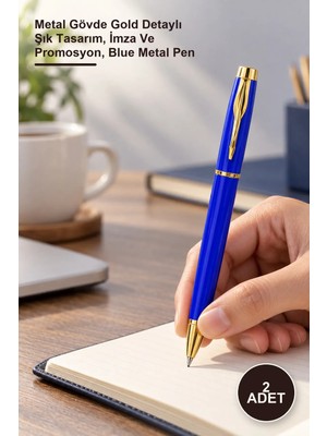 Yenilig 2 Adet Mavi Metal Roller Kalem – Metal Gövde Gold Detaylı Şık Tasarım, Imza ve Promosyon, Blue Metal Pen