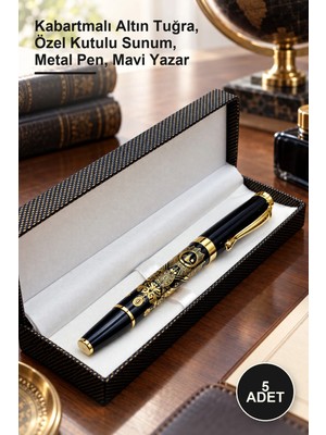 Yenilig 5 Adet Kutulu Osmanlı Tuğralı Metal Roller Kalem – Kabartmalı Altın Tuğra, Özel Kutulu Sunum, Metal Pen, Mavi Yazar