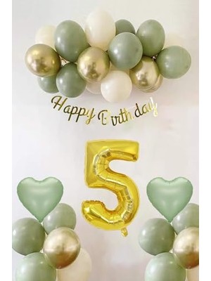 Defne Store Adaçayı Konsept Doğum Günü Seti; Küf Yeşili-Krom Gold- Deniz Kumu ve Adaçayı Kalp Folyo Balon (5)