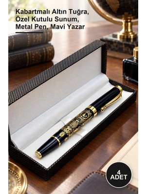 Yenilig 4 Adet Kutulu Osmanlı Tuğralı Metal Roller Kalem – Kabartmalı Altın Tuğra, Özel Kutulu Sunum, Metal Pen, Mavi Yazar