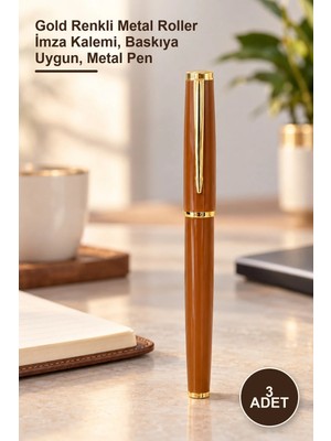 Yenilig 3 Adet Vip Metal Kalem – Gold Renkli Metal Roller Imza Kalemi, Baskıya Uygun, Metal Pen